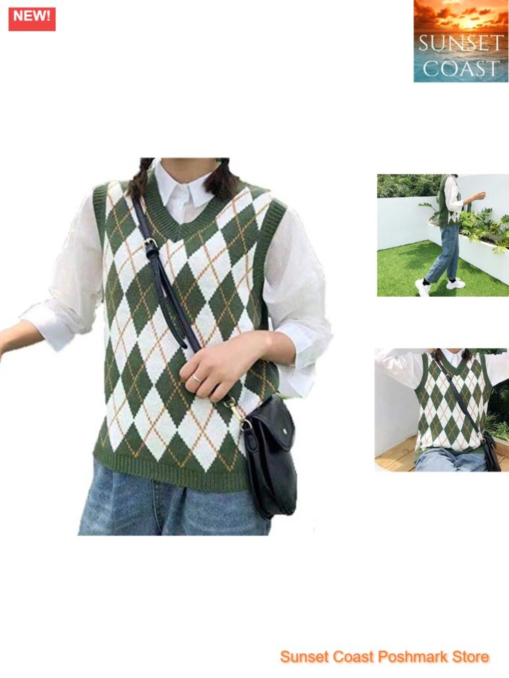 Sweater Vest Sleeveless V Neck Argyle Plaid Long Loose Knitted Preppy